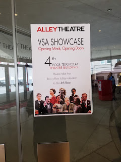 A sign in the lobby of the Alley Theatre directs audience members to our showcase in the Texas Room